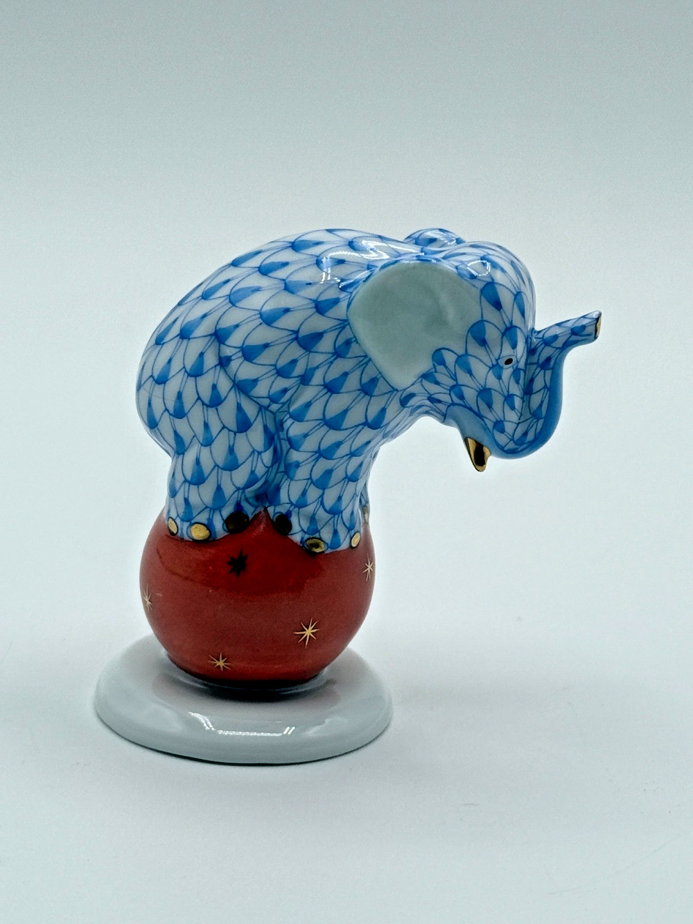 Herend Hungary Circus Elephant on Ball Blue Fishnet Porcelain Figurine 5215